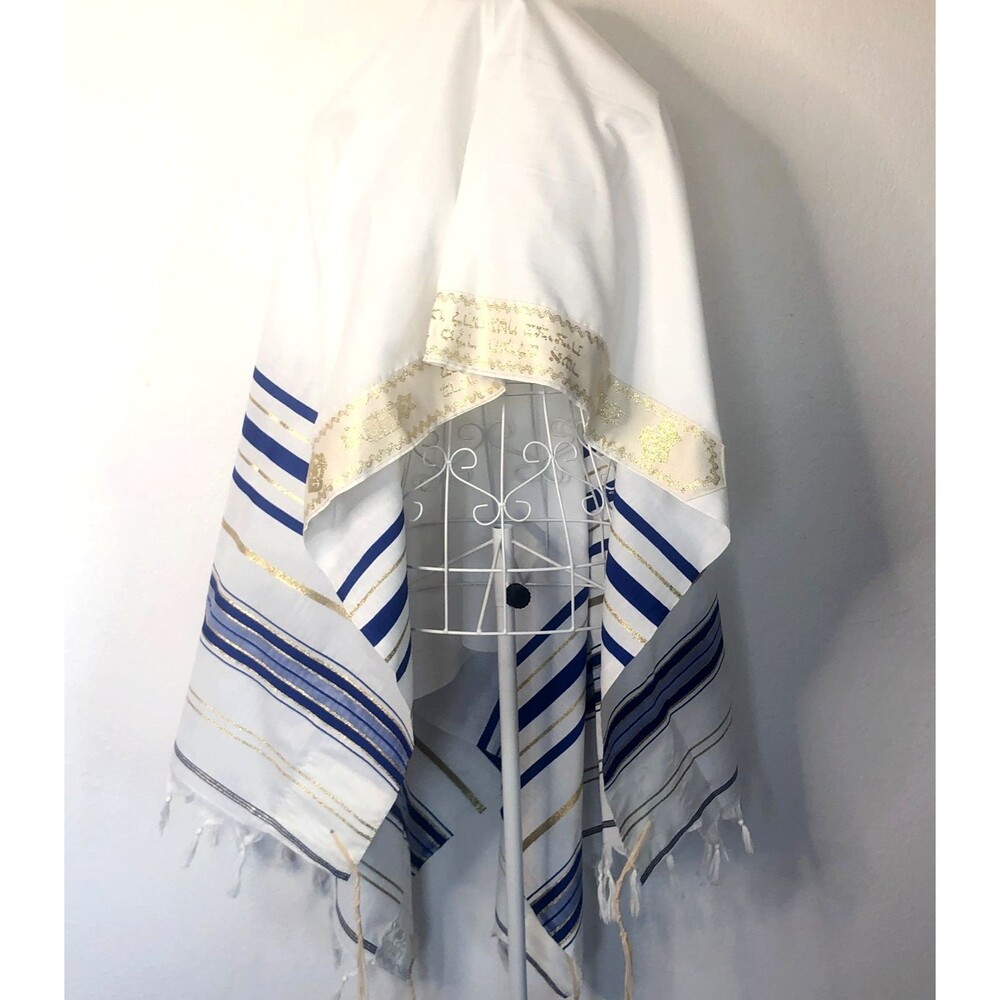 Tallit Jewish Prayer Shawl Fringed Tassels New Gold Blue 68x46"